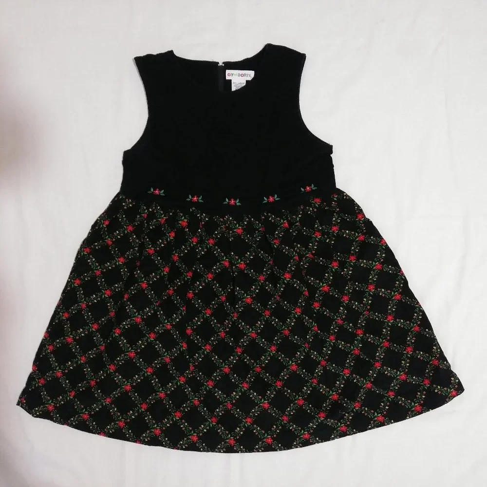 Gymboree Black Corduroy Floral Poinsettia Holiday Garland Dress Girls XXL 6-7yrs